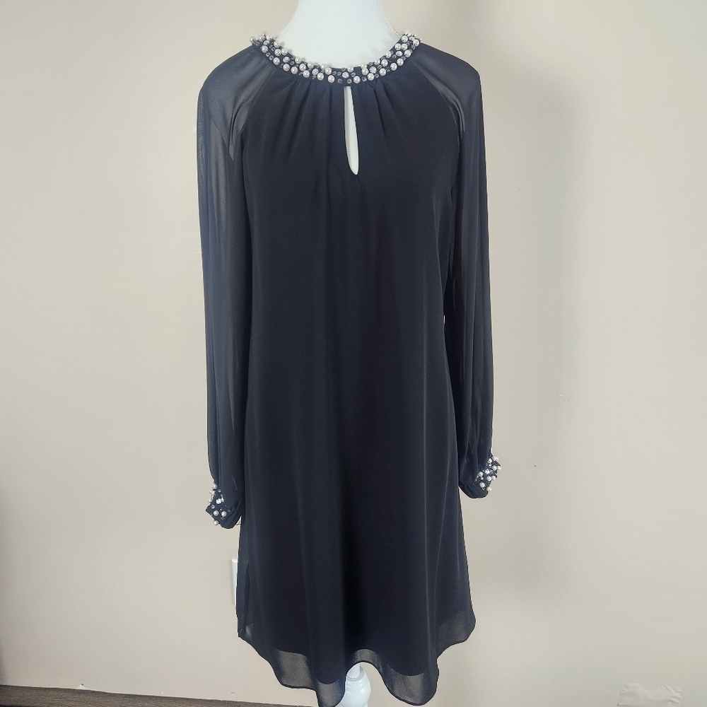 SLNY Black Shift women midi Dress Size 10 with pearl and pea on the neck
